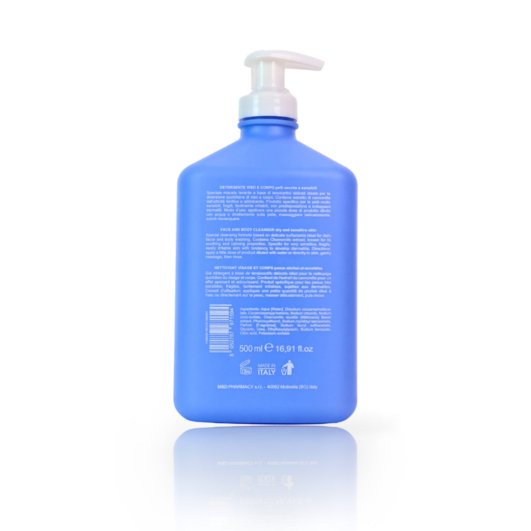 camomilla BLU DETERGENTE VISO E CORPO per pelli secche e sensibili 500ml - retro